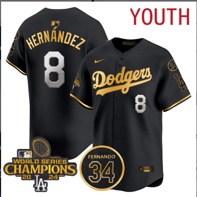 Youth  MLB Los Angeles Dodgers #8 Hernandez black 2024 World Series Champions Patch Limited Jersey